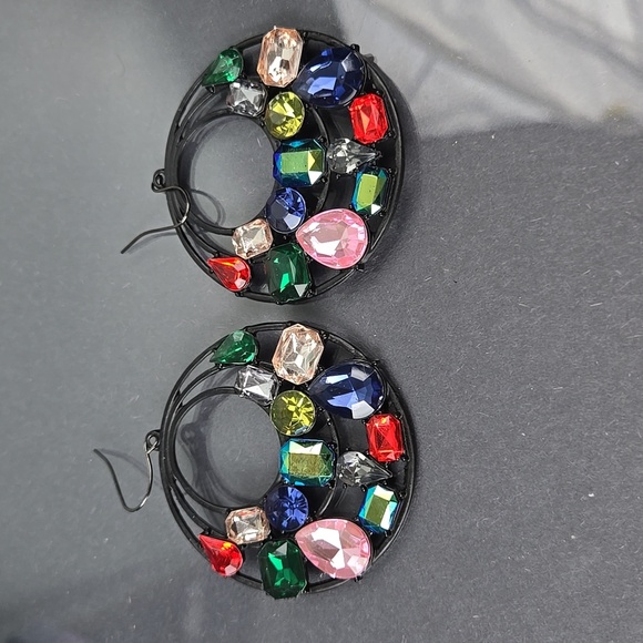 Colorful Fuax Gemstone Black Tone  Big  Earrings - Picture 3 of 17
